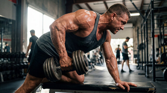 Bodybuilder performing a heavy single-arm dumbbell row in a gym. Close-up of muscular arm and shoulder with high vascularity and sweat during intense back workout. Concept of bodybuilding