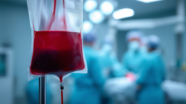 Blood transfusion bag in focus with blurred surgical team in operating room, representing healthcare, medicine and emergency treatment.