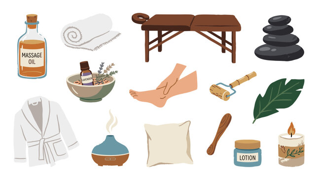 Relaxing spa and wellness items including massage oil, rolled towel, massage table, hot stones, aromatherapy diffuser, robe, pillow, lotion, and candle for a tranquil spa experience.