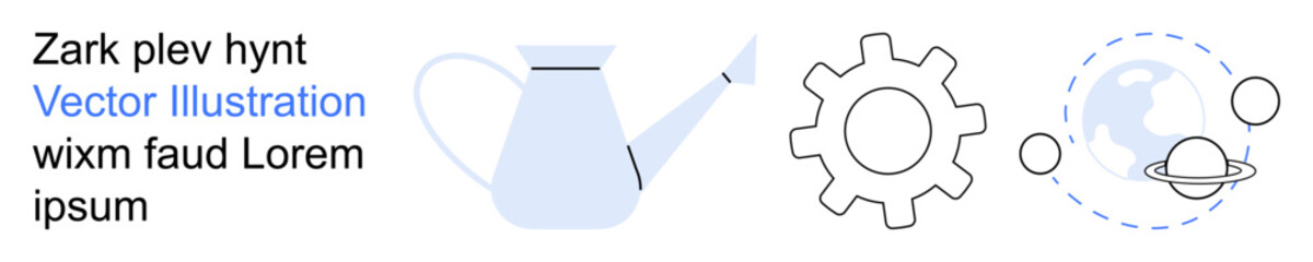 Sustainable growth, technology development, global interconnection, problem-solving, engineering, education. Watering can, gear and planetary orbit illustrations. Growth and technology development © robu_s