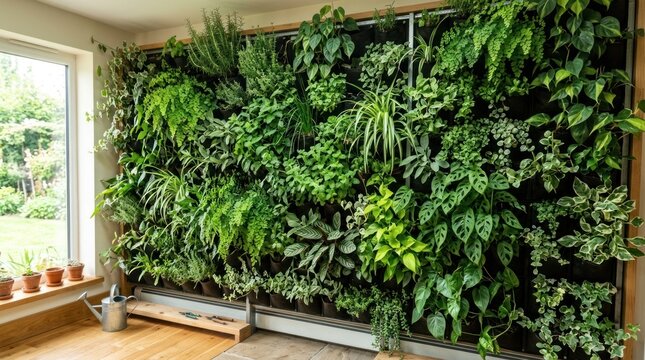 A lush green living wall adorns a window wall in a bright, sunny room. The wall is covered in a variety of leafy plants, including ferns, vines, and other tropical species.
