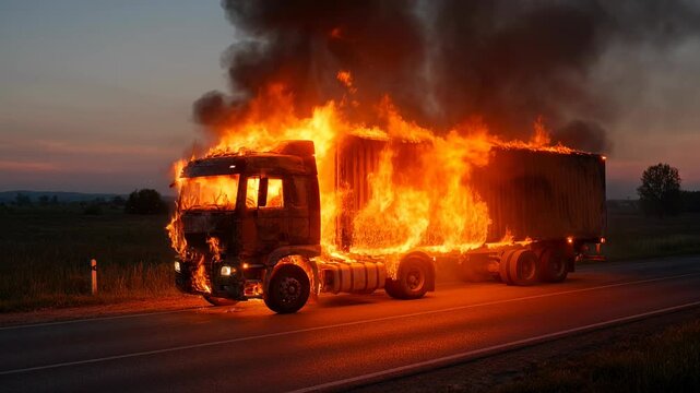 Heavy semi-truck engulfed in intense fire and black smoke on a highway at twilight. Concept of transport disaster and logistics emergency