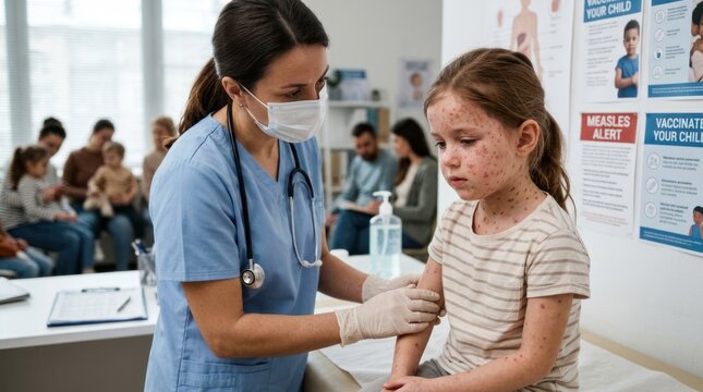 A healthcare worker vaccinates a young girl in a doctor's office. The nurse, wearing a blue uniform and a face mask, administers the vaccine to the child, who appears slightly apprehensive.