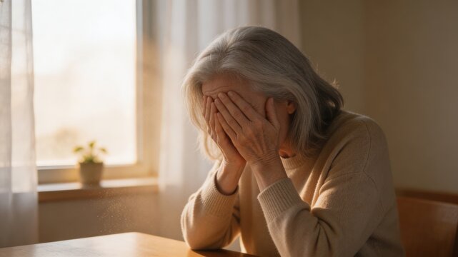 A senior woman sits at a table, her hands covering her face as she appears to be overcome with emotion, in a quiet and peaceful room with a window letting in natural light.