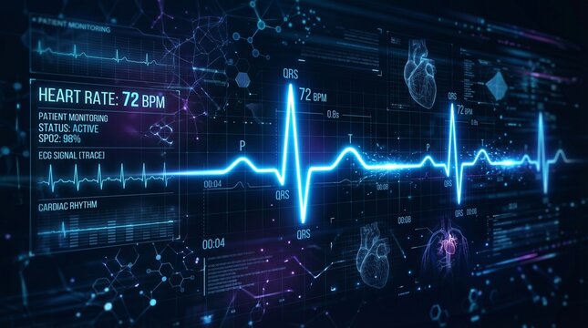 Close Up of Digital Heart Rate Monitor Displaying Pulse Wave and 72 BPM Vital Sign Data in a High Tech Medical Interface with Glowing Blue Elements