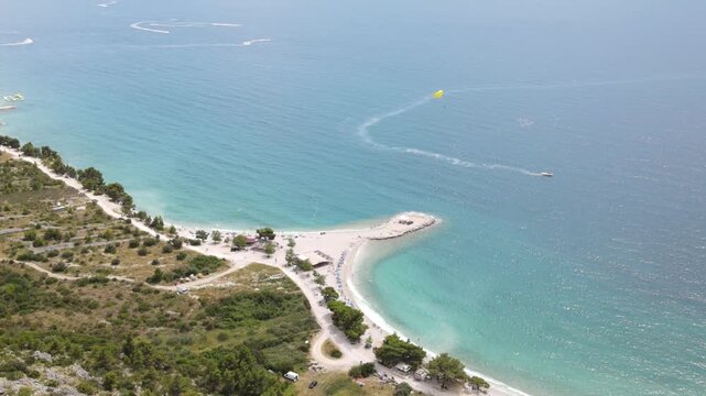 Makarska Riviera, Croatia. Beautiful beach on the coast. Turquoise sea, water. Croatian Makarska on the Adriatic Sea, Drone view.