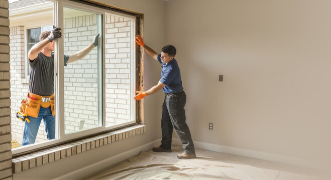 Two men working as professional window installers during home renovation. Craftsman team replacing residential window frame. Construction site with worker for house improvement service.