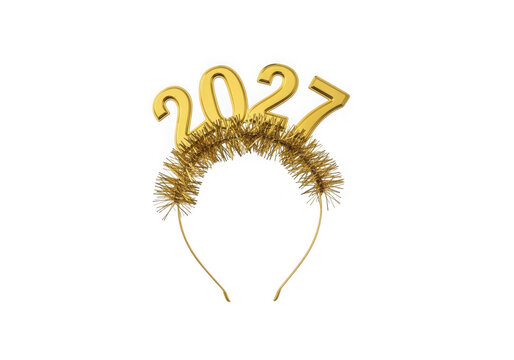 Gold headband with 2027 numbers on top for new years eve celebration isolated on transparent background
