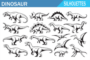 Black dinosaur silhouettes pack with jurassic reptile creatures isolated background © MDSUMON