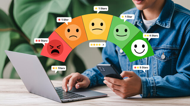 A person sitting at a desk with a laptop and phone, surrounded by a rating system with smiling and frowning faces.