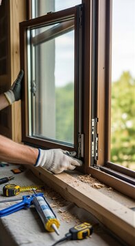 Man installing new window frame in house. Worker using construction tool for glass pane adjustment. Professional window technician fixing insulating seal. Home renovation repair concept.