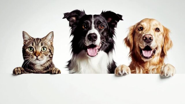 Cat and dogs peeking over a white surface with a happy expression