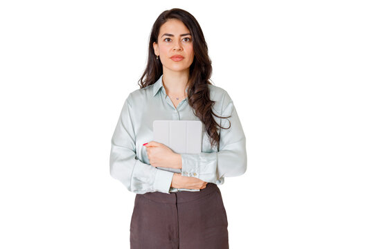 Confident business woman holding a digital tablet with a serious expression, ready for work, on a transparent background