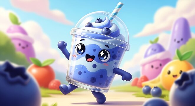 A cartoon blueberry smoothie character with googly eyes and a straw, running through a sunny, whimsical landscape with other fruit characters