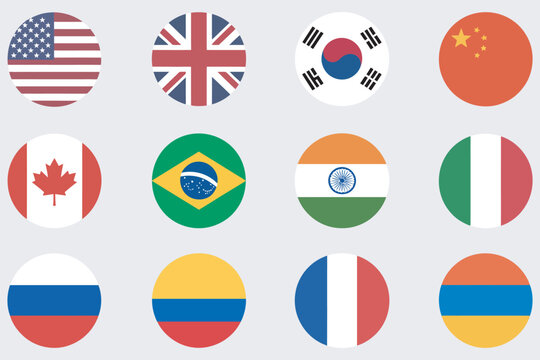 World Flags round button circle icons vector set, international country flag badges collection, flat design symbols, editable isolated graphics pack