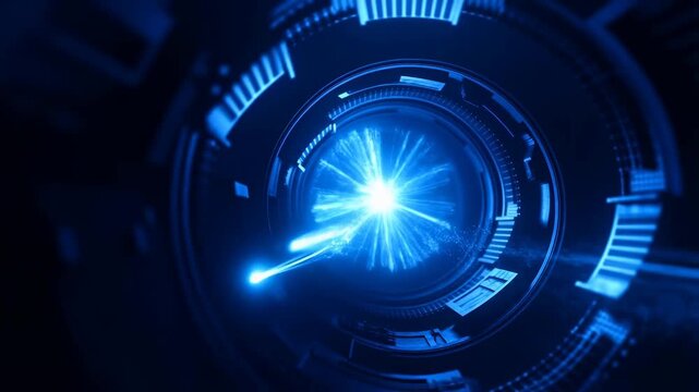 Tracking shot of glowing energy core traveling through futuristic tunnel interior with rotating holographic rings