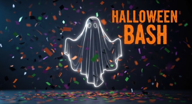 Halloween Day Festive halloween bash with glowing ghost silhouette against a starry backdrop