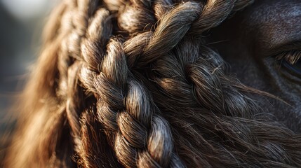 Fototapeta premium Close-up of braided mane detail, sunlight highlighting texture, ultra-realistic macro feel, 8k