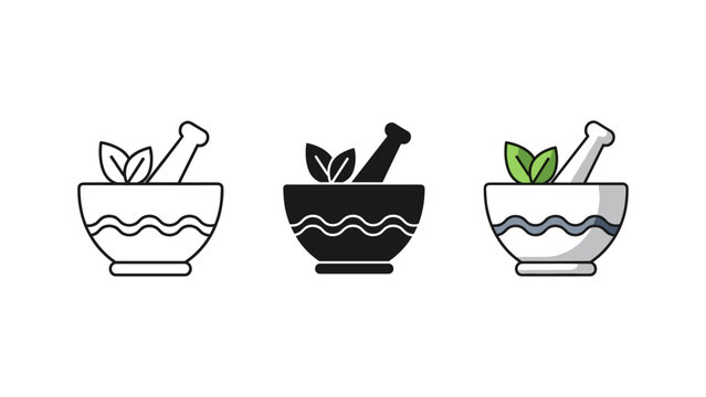 A mortar and pestle preparing herbal medicine, shown in outline, solid, and colored icon styles.