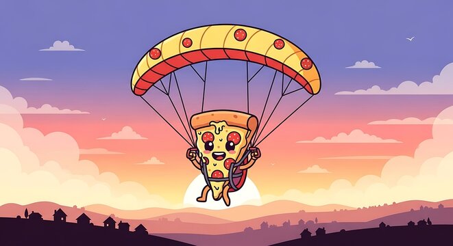 Cartoon slice of cheesy pizza parachuting against a sunset sky with a few hills and houses. A fun, whimsical illustration