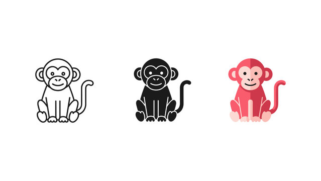 A cute little monkey character sits calmly with a long tail in three different graphic styles.