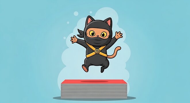 A cartoon cat, dressed as a ninja, leaps joyfully in mid-air. It stands above a stack of rectangular platforms. A blue sky backdrop