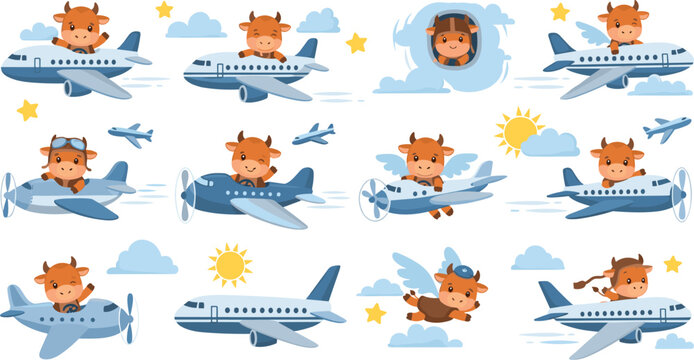 Cute cartoon baby cow pilot flying airplane in sky with clouds stars and sun kids vector set