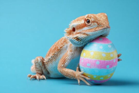 Spring joy through the eyes of a lizard with easter egg charm. Studio portrait. Charming lizard with easter egg in hand, gently embraced by colors. Professional look. Glamour photo.