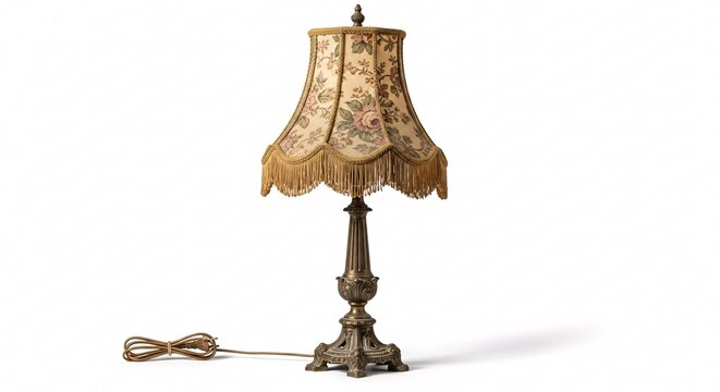 Vintage table lamp with patterned lampshade isolated on white background