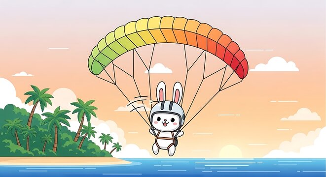 Animated image of a cartoon rabbit parachuting over a beach with palm trees and ocean, under a colorful parasail, during a sunset
