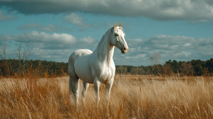 Obraz premium White horse in open field, sunlight glow around body, clean natural look, cinematic realism, 8k 