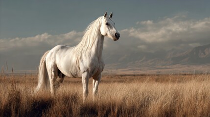 Obraz premium White horse in open field, sunlight glow around body, clean natural look, cinematic realism, 8k 