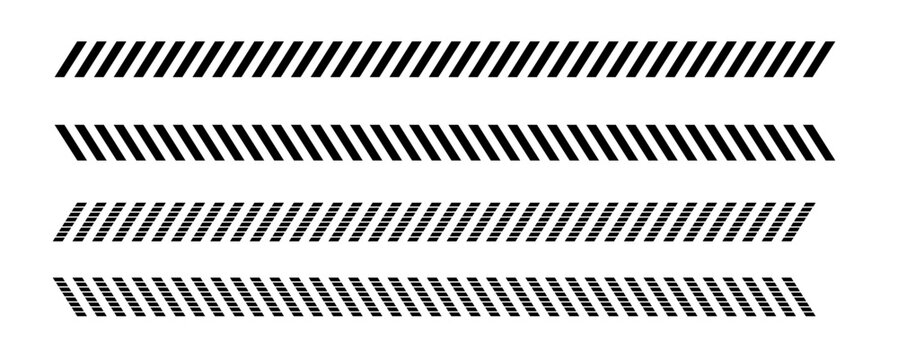 Slash line. Abstract dashed border divider set. Diagonal lines Border. Geometric print for caution tape or barrier. Parallel stripes. Black pattern isolated on white background vector or png