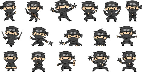 Cute chibi ninja cartoon character set with katana sword and shuriken stars collection of flat vector illustrations for kids gaming stickers martial arts education and japanese warrior theme design is © Ratna