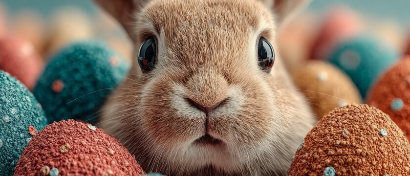 A delightful easter bunny scene: embodying joy and seasonal cheerfulness. Epic poster. Easter bunny with decorated egg: a serene greeting for seasonal happiness. Action poster. Drama poster.