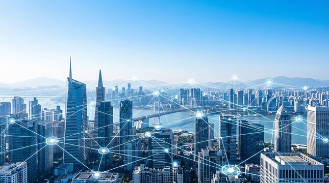 Modern city skyline with skyscrapers and digital connections in urban downtown area at daytime with clear blue sky