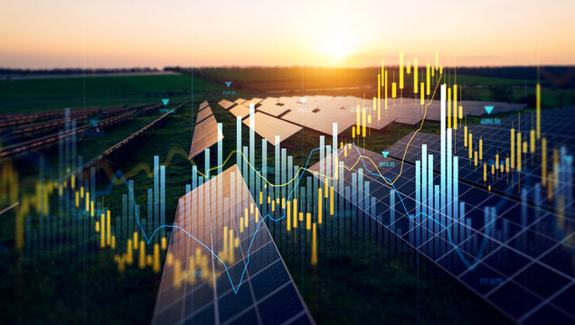 Increase in electricity prices on the world market. Green energy in full development.Investment finance chart,stock market business and exchange financial growth graph.	

