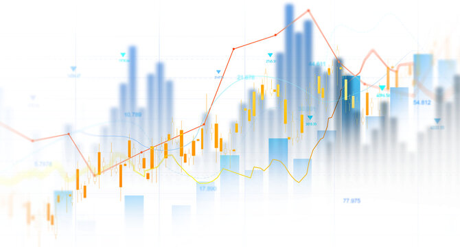 Transparent stock market chart with candlestick bars and rising trend line. Digital finance background showing trading, investment growth, profit analysis and economic data.	
