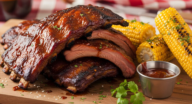Grilled ribs, corn on the cob, barbecue sauce, summer food, grilled meat