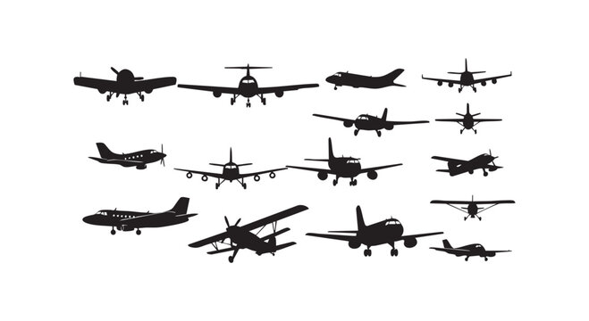 Airplane set, plane vector silhouette, collection of airplanes silhouette, aircraft icon isolated on white background.