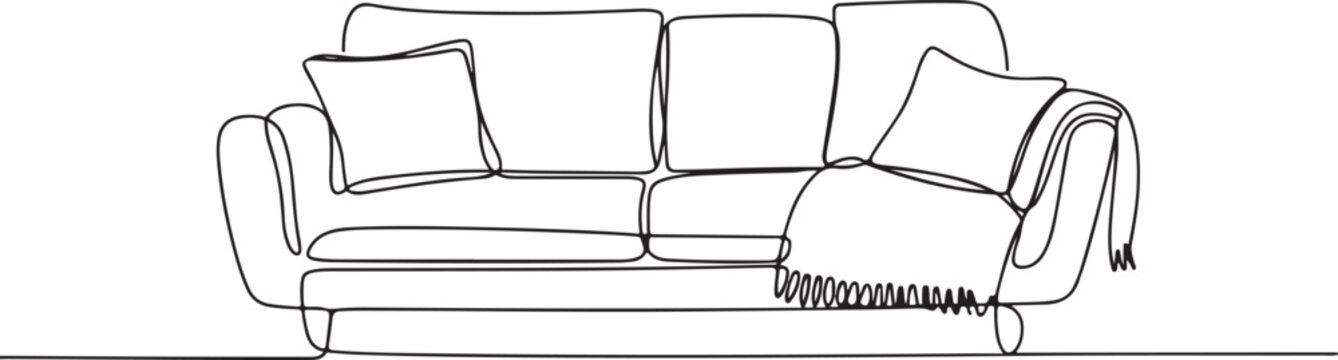 A minimalist, single-line drawing depicting a comfortable sofa with throw pillows and a blanket, perfect for modern home decor and interior design concepts