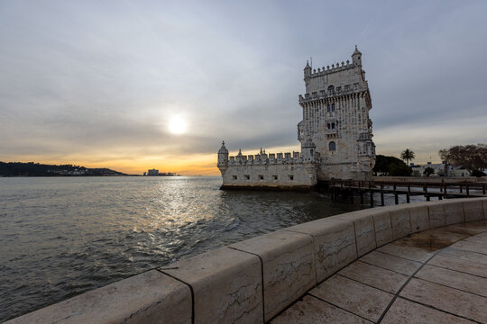 Sunset evening at Belem Tower on the Tagus River in the city of Lisbon in Portugal PRT