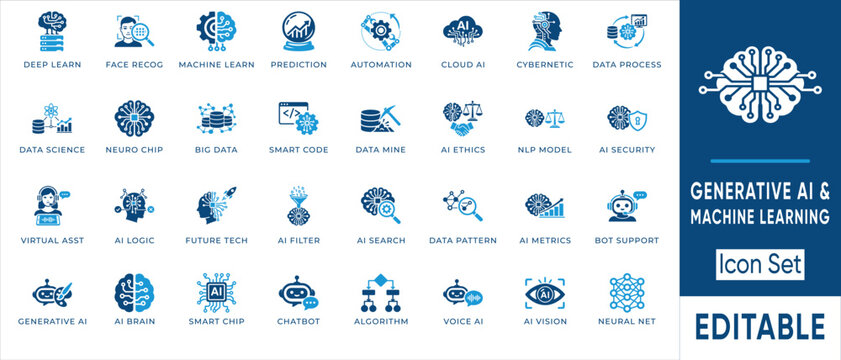 Generative ai machine learning icon set. Containing neural network, deep learning, algorithm, chatbot, data science and more. Solid vector icons collection.