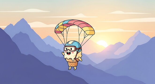 Cartoon ice cream cone character with sunglasses and helmet parachuting over a mountain range at sunset