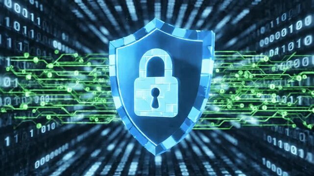 Digital security shield with lock on code background.