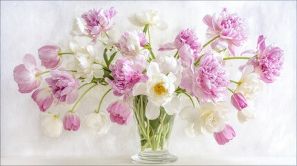 Fototapeta premium peonies. A vibrant floral arrangement of peonies and tulips in a glass vase against a white background. gardening catalogs, home-decor guides, designed for home decor and floral branding. 