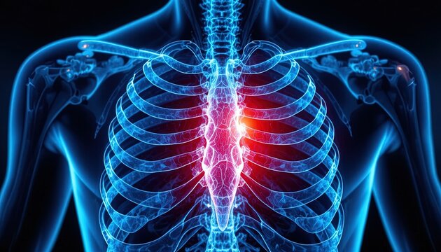 Human rib cage structure is highlighted with glowing blue and red digital lighting effects.