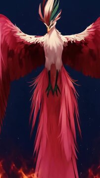 Mythical phoenix spreading wings over fire. Legendary fire bird rising from flames. Magical creature of rebirth and immortality in flight. Fantasy artistic concept. Vertical video