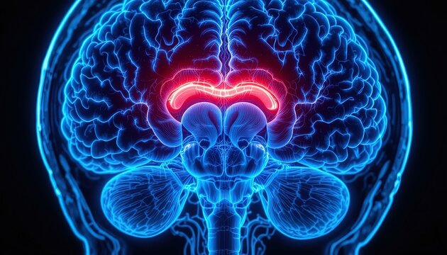 Glowing red thalamus highlights the central region of the human brain against a dark blue background.