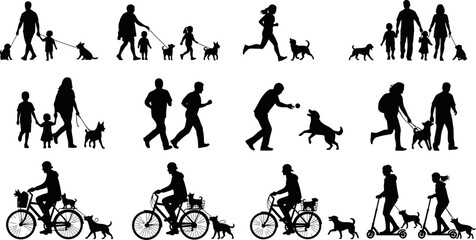 Obraz premium Set of Silhouettes Featuring People Walking Running Cycling and Playing with Their Dogs